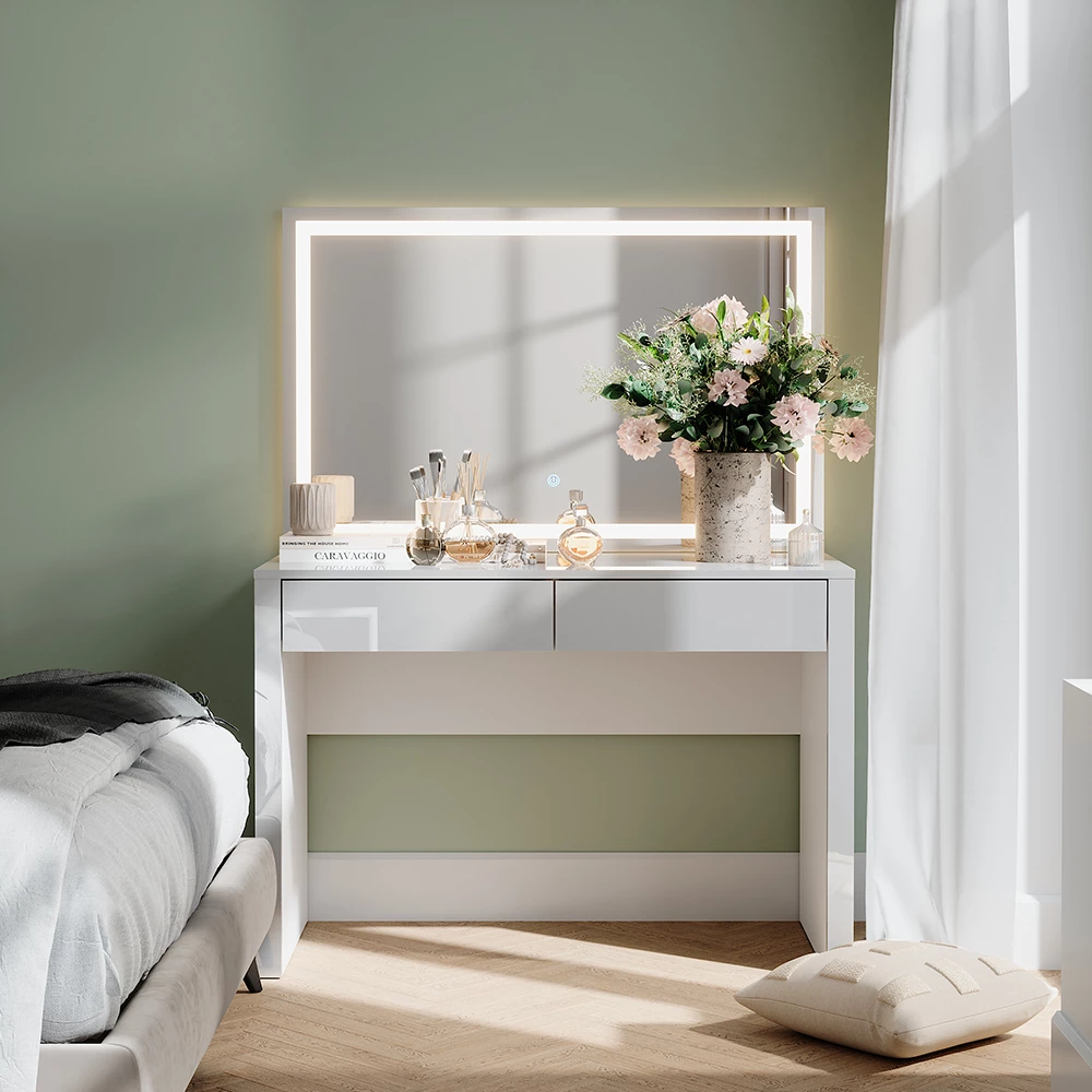 Vicco Kaptafel "Annabelle", Wit hoogglans/wit, 110 cm met LED-spiegel