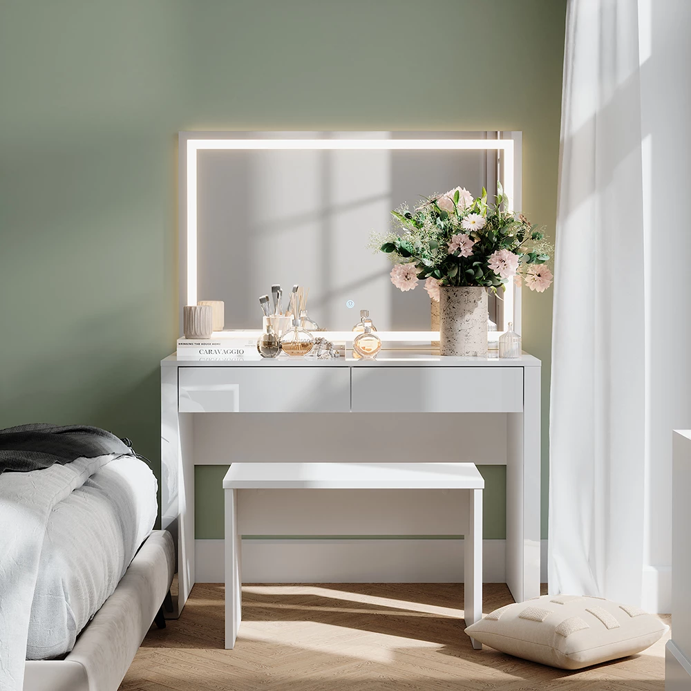 Vicco Schminktisch "Annabelle", Weiß Hochglanz/Weiß, 110 cm mit LED-Spiegel und Bank