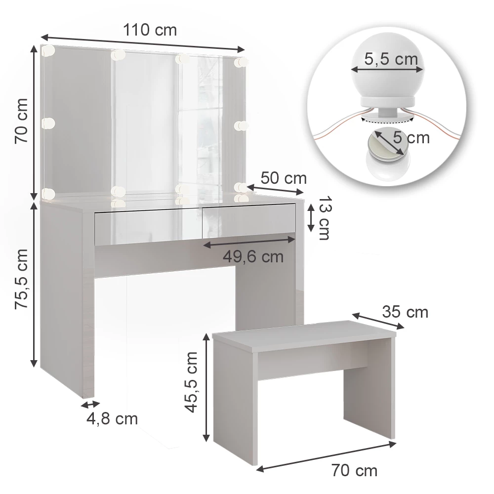 Vicco Coiffeuse "Annabelle", blanc brillant/blanc, 110cm avec éclairage LED et banc