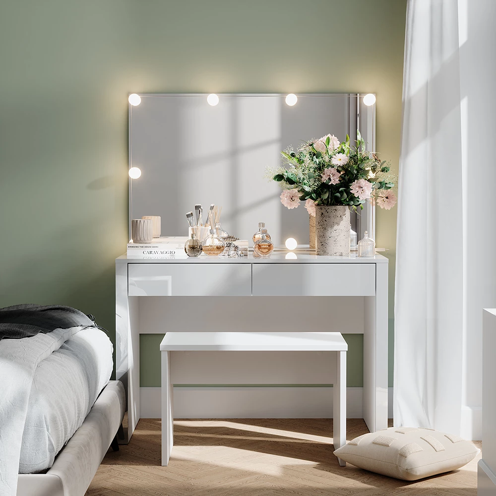 Vicco Coiffeuse "Annabelle", blanc brillant/blanc, 110cm avec éclairage LED et banc