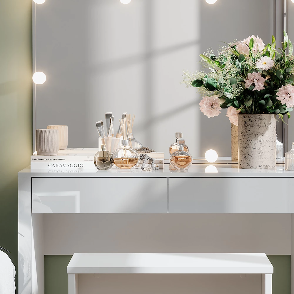 Vicco Coiffeuse "Annabelle", blanc brillant/blanc, 110cm avec éclairage LED et banc