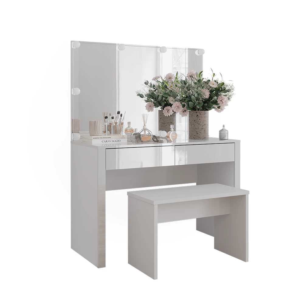 Vicco Coiffeuse "Annabelle", blanc brillant/blanc, 110cm avec éclairage LED et banc