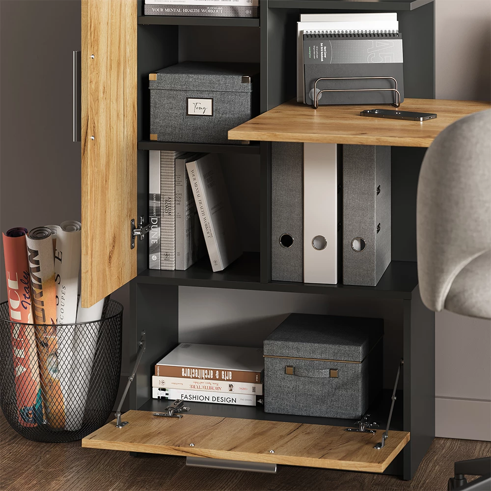 Prikaz izbliza Schreibtisch u boji Anthrazit/Goldkraft Eiche, prikazuje teksturu/detalje