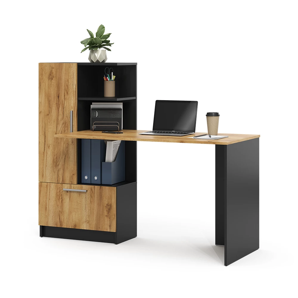 Schreibtisch u boji Anthrazit/Goldkraft Eiche na bijeloj pozadini s dekorativnim elementima