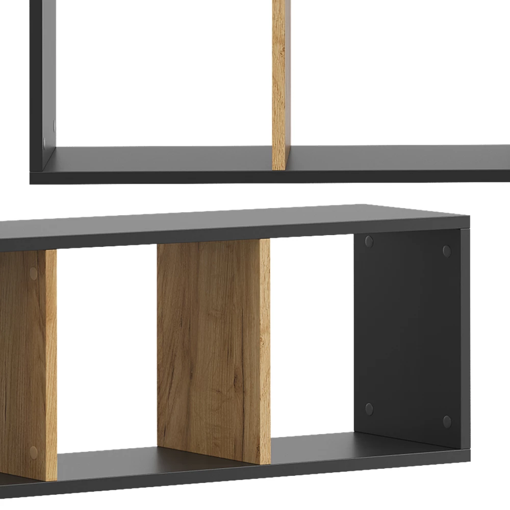 Nahaufnahme von Wandregal in Anthrazit/Goldkraft Eiche, zeigt Design- und Oberflächendetails