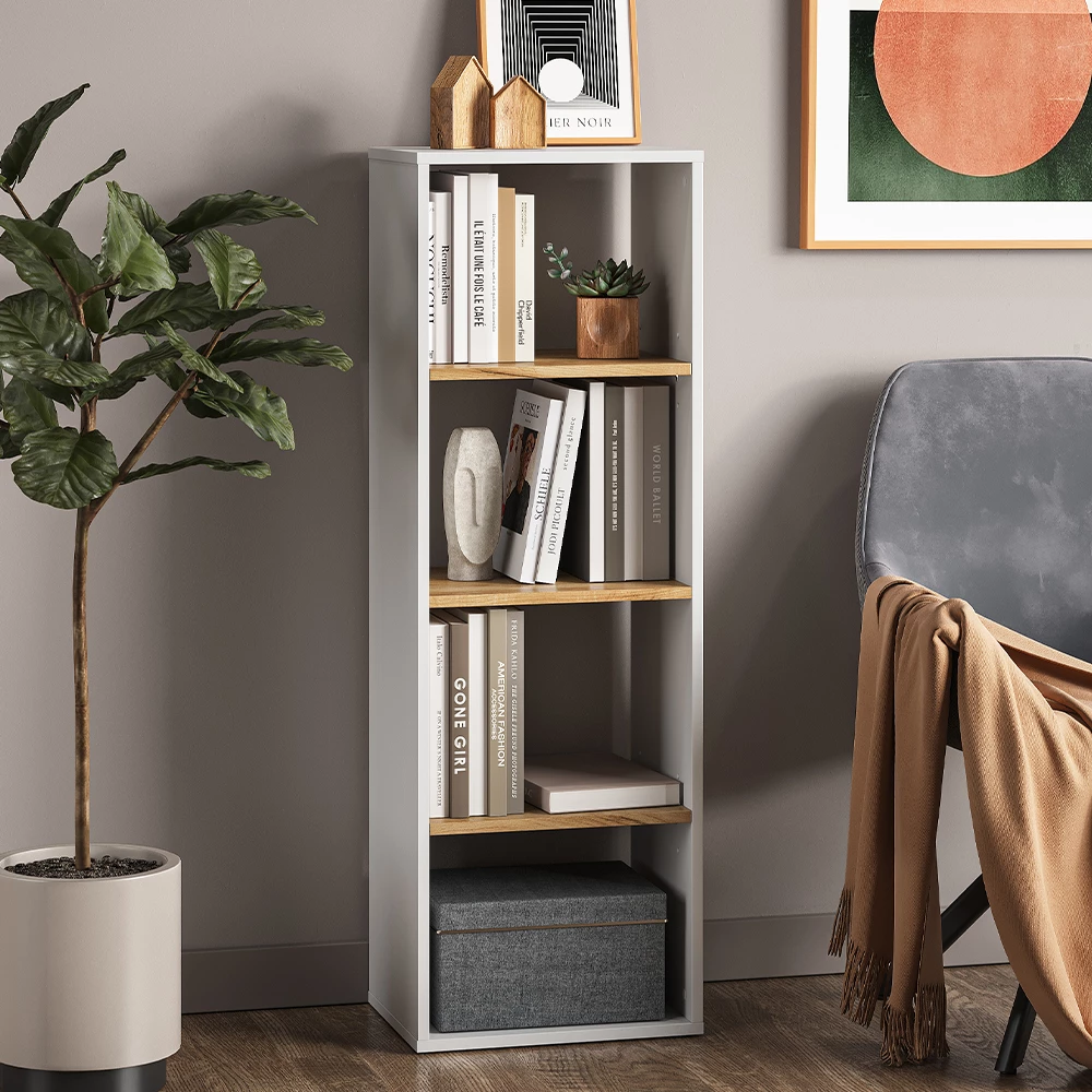 Bücherregal in Weiß/Goldkraft Eiche auf weißem Hintergrund