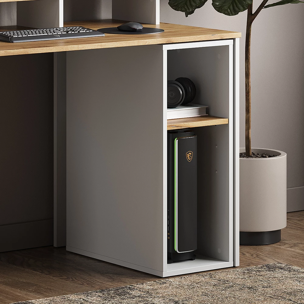 PC-Schrank in Weiß/Goldkraft Eiche auf weißem Hintergrund