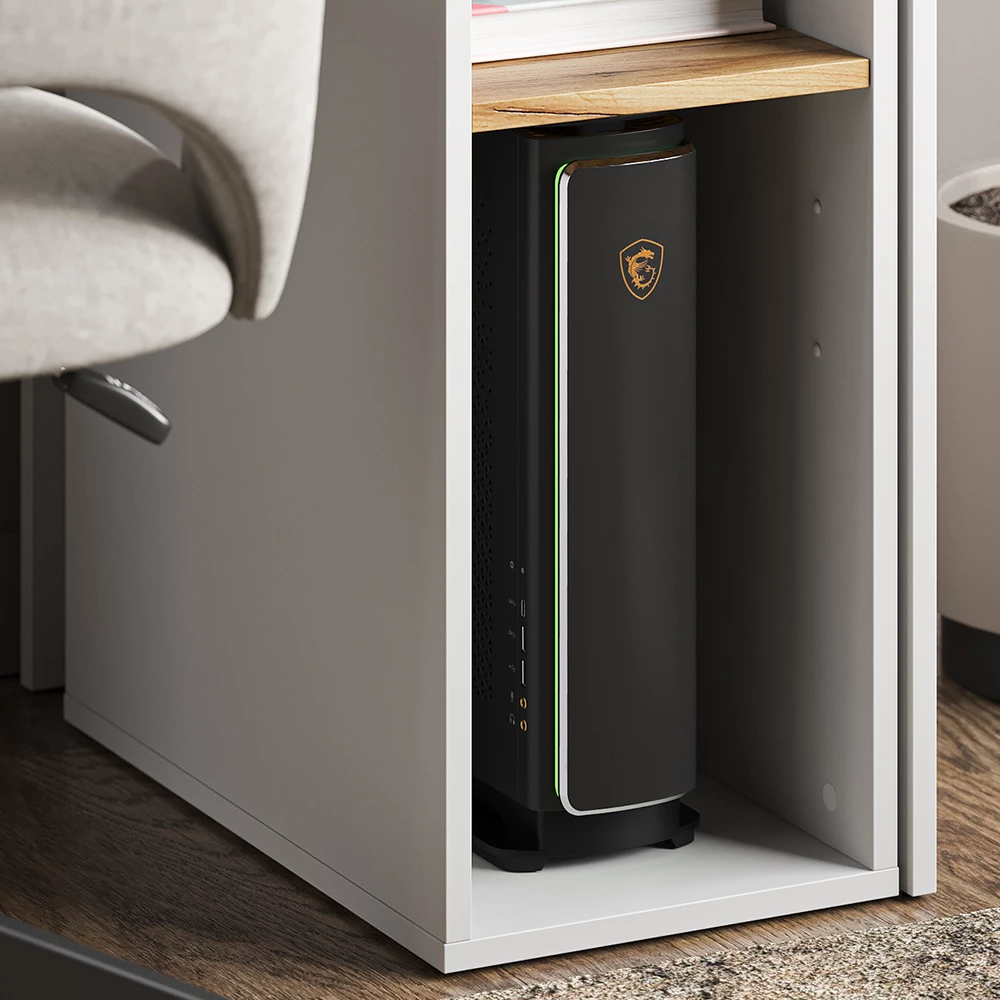 Close-up van PC-kast in Eik wit/goud, met textuur/details