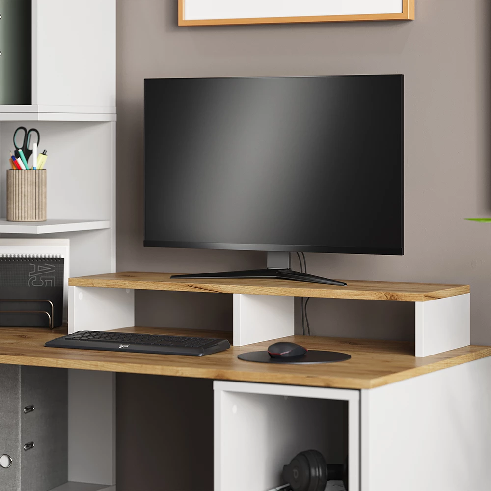 Monitorständer in Weiß/Goldkraft Eiche auf weißem Hintergrund