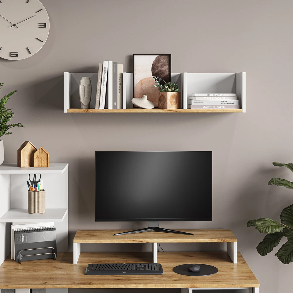 Wandregal in Weiß/Goldkraft Eiche auf weißem Hintergrund