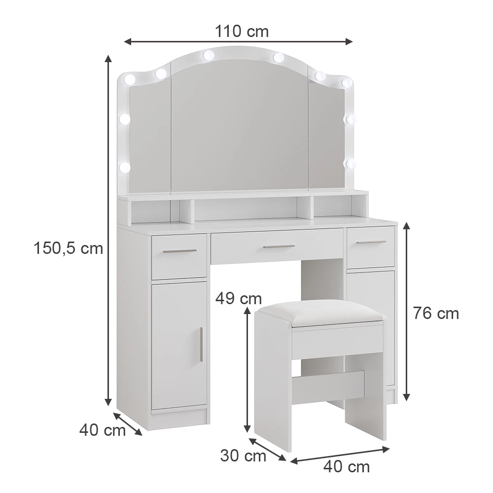 Vicco Coiffeuse "Lumira", Blanc, 110cm avec miroir LED et tabouret