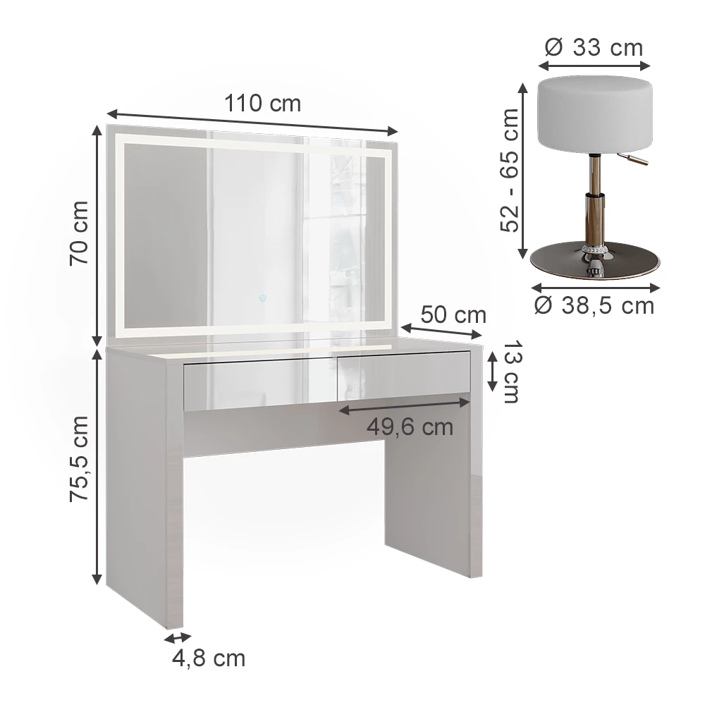 Vicco Coiffeuse "Annabelle", blanc brillant/blanc, 110cm avec miroir LED et tabouret