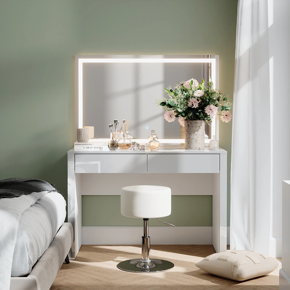 Vicco Coiffeuse "Annabelle", blanc brillant/blanc, 110cm avec miroir LED et tabouret