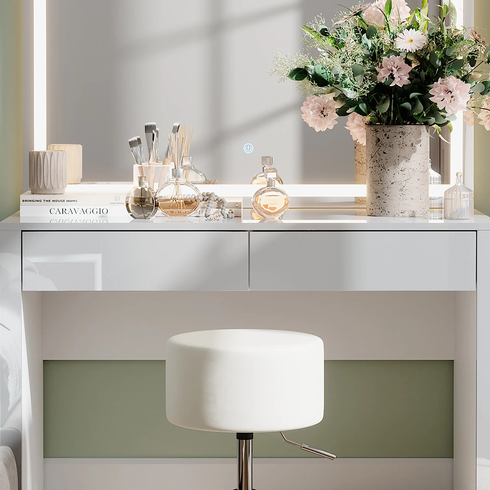 Vicco Coiffeuse "Annabelle", blanc brillant/blanc, 110cm avec miroir LED et tabouret