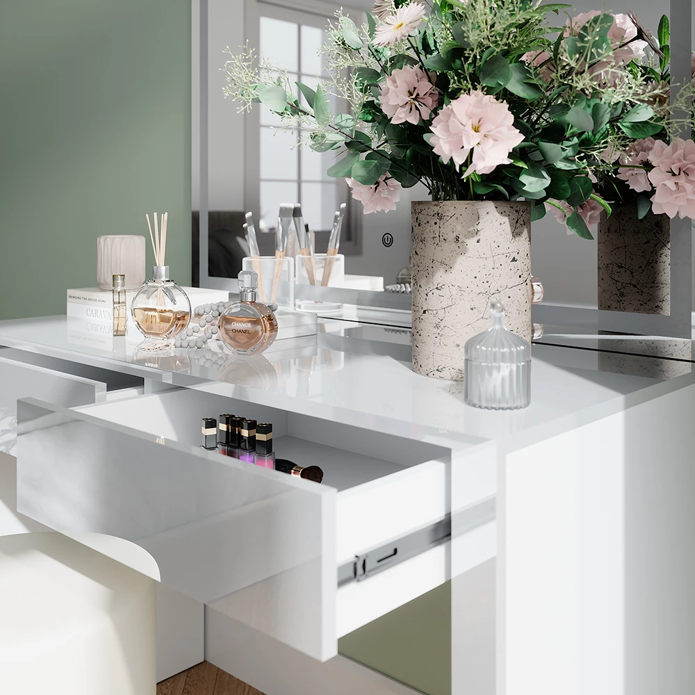 Vicco Coiffeuse "Annabelle", blanc brillant/blanc, 110cm avec miroir LED et tabouret