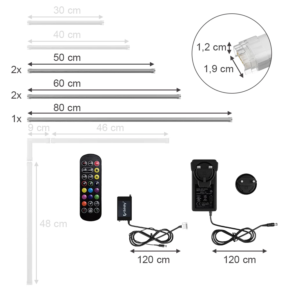 LED-Leiste in Weiß auf weißem Hintergrund mit sichtbaren Maßen
