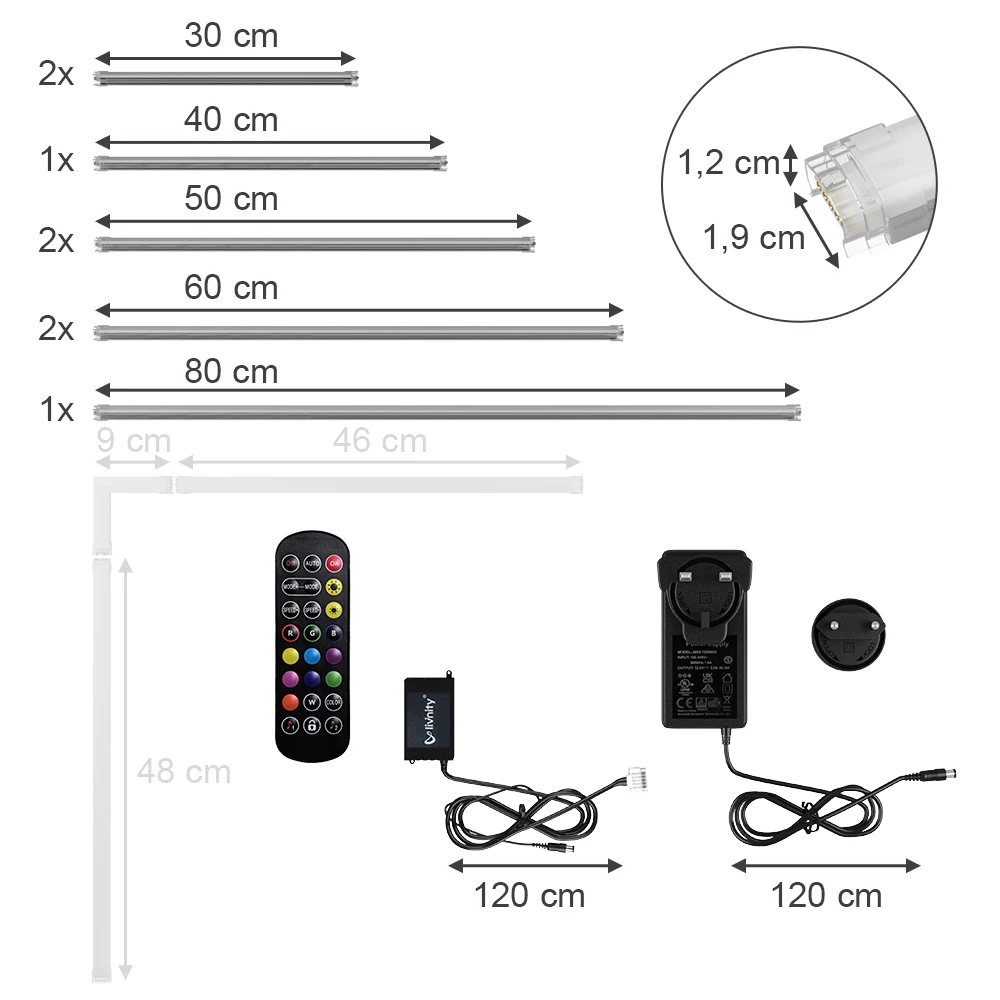 Bande LED en Blanc sur fond blanc avec dimensions visibles