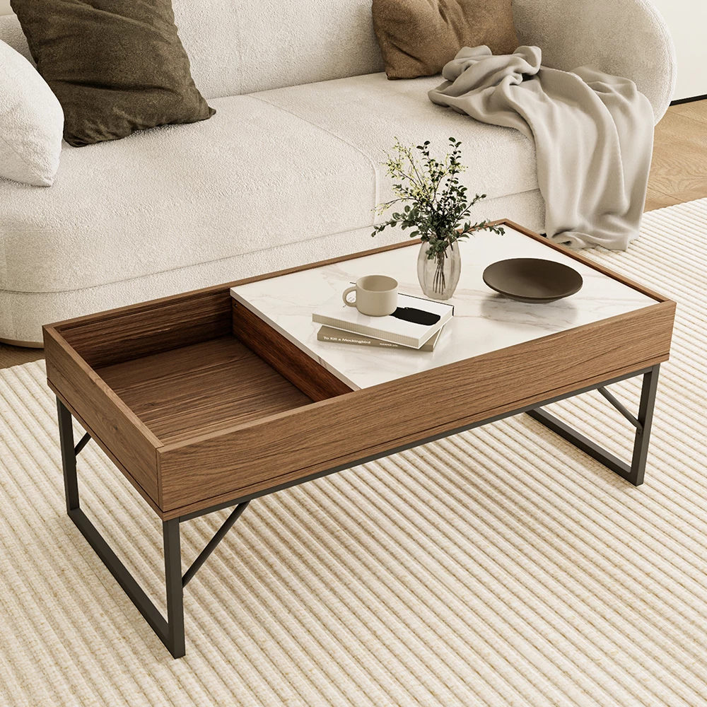 Sofabord i farven Valnød på hvid baggrund med dekorative elementer