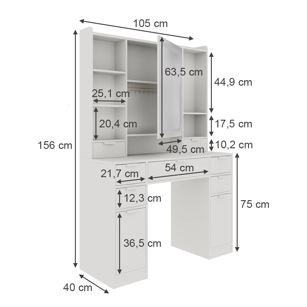 Vicco Frisørbord "Solea", Hvid, 105 cm med LED-spejl