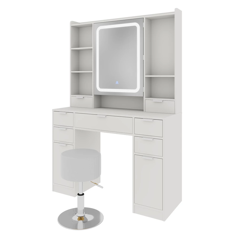 Vicco Schminktisch Weiß 105 cm mit LED-Spiegel und Hocker, Solea