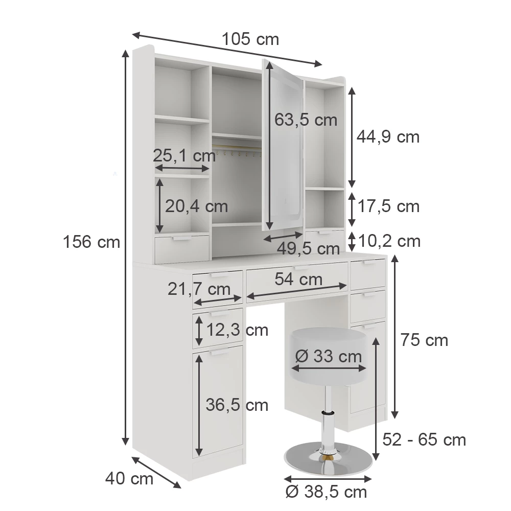 Vicco Schminktisch Weiß 105 cm mit LED-Spiegel und Hocker, Solea