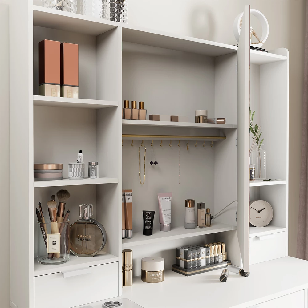 Vicco Schminktisch Weiß 105 cm mit LED-Spiegel und Hocker, Solea