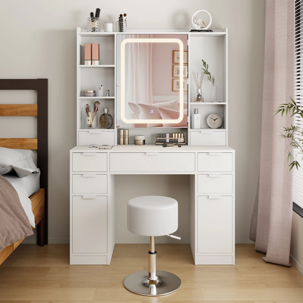 Vicco Schminktisch Weiß 105 cm mit LED-Spiegel und Hocker, Solea