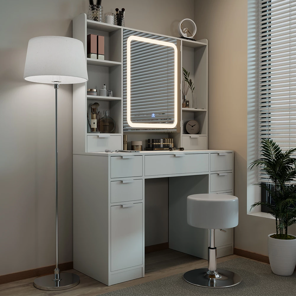 Vicco Schminktisch Weiß 105 cm mit LED-Spiegel und Hocker, Solea