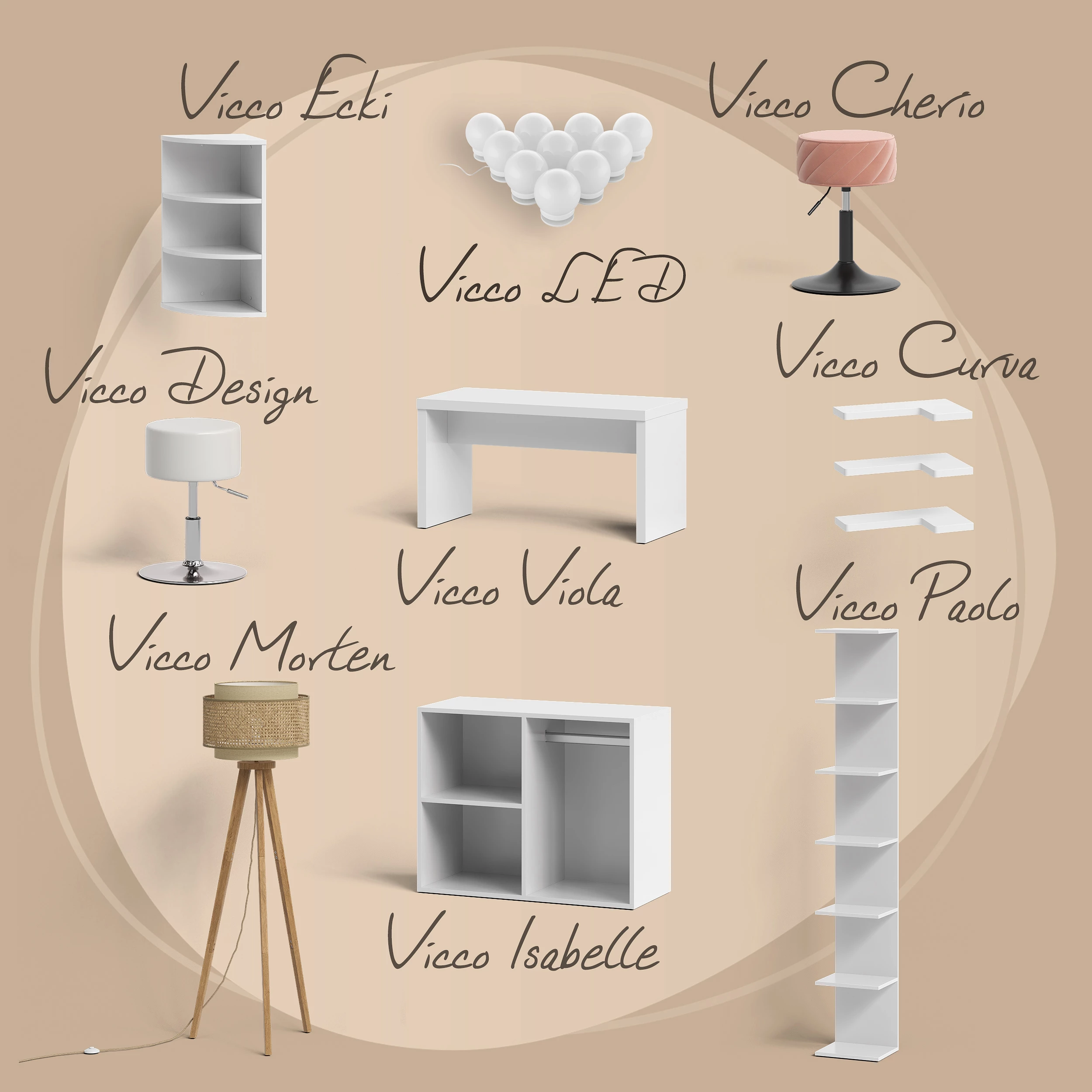 Vicco Frisørbord "Solea", Hvid, 105 cm med LED-spejl