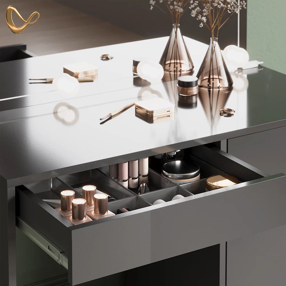 Nahaufnahme von Schminktisch in Anthrazit, zeigt Design- und Oberflächendetails