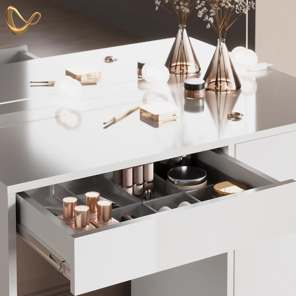 Nahaufnahme von Schminktisch in Weiß, zeigt Design- und Oberflächendetails