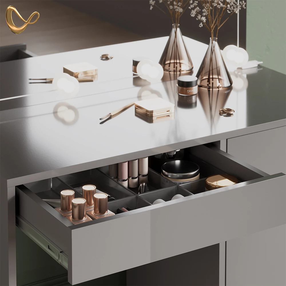 Nahaufnahme von Schminktisch-Set in Grau, zeigt Design- und Oberflächendetails