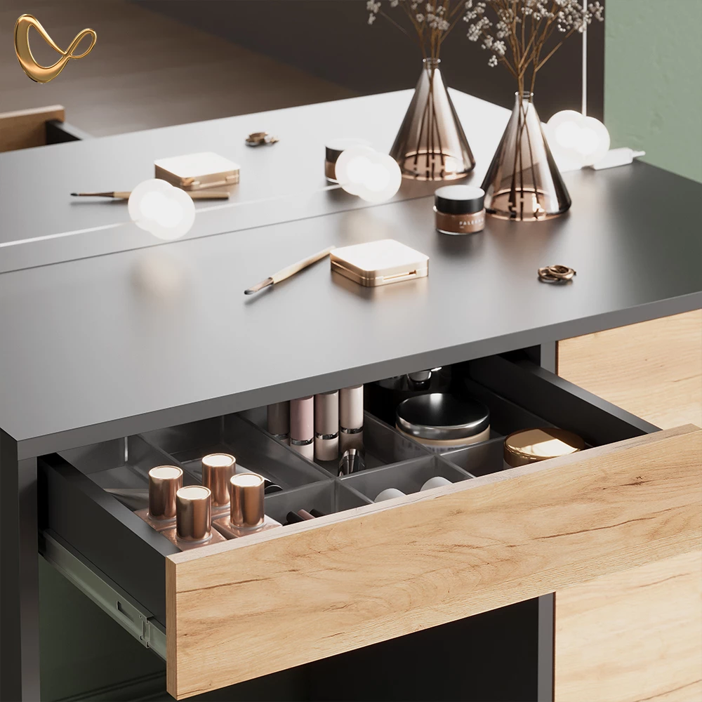Nahaufnahme von Schminktisch in Anthrazit/Goldkraft Eiche, zeigt Design- und Oberflächendetails