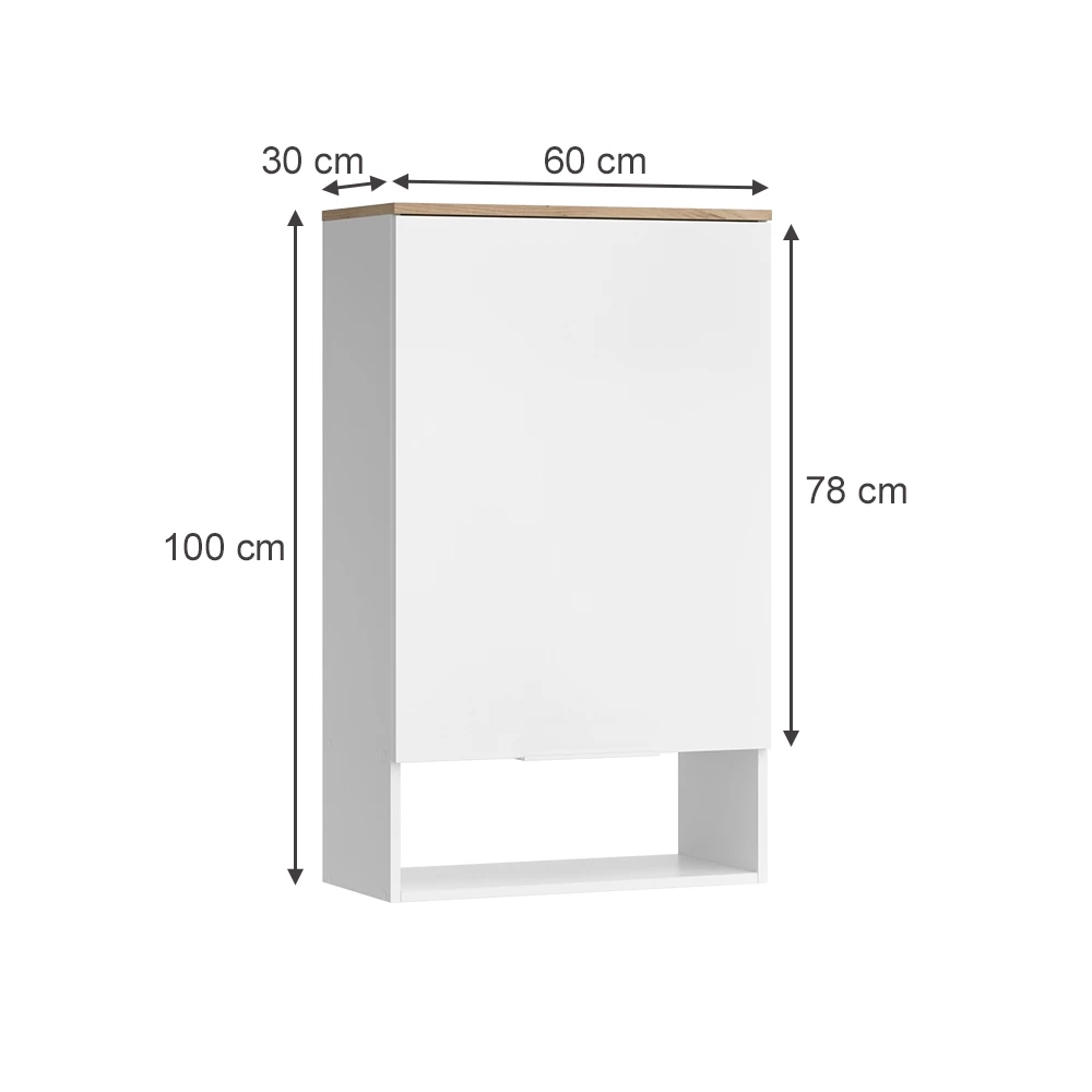 Hängeschrank in Weiß/Sonoma auf weißem Hintergrund mit sichtbaren Maßen
