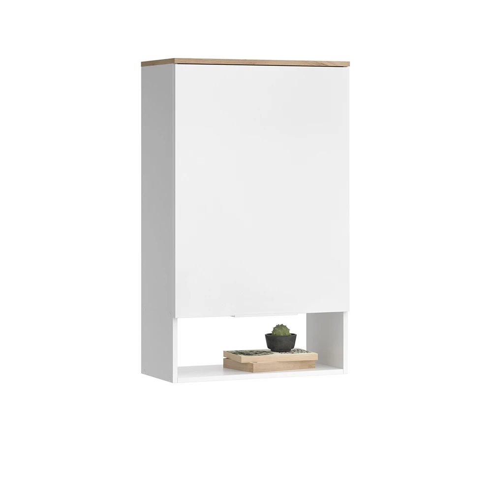 Hängeschrank in Weiß/Sonoma auf weißem Hintergrund mit dekorativen Elementen