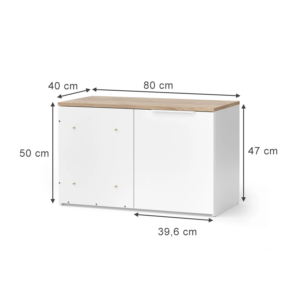 Eckkommode in Weiß/Sonoma auf weißem Hintergrund mit sichtbaren Maßen