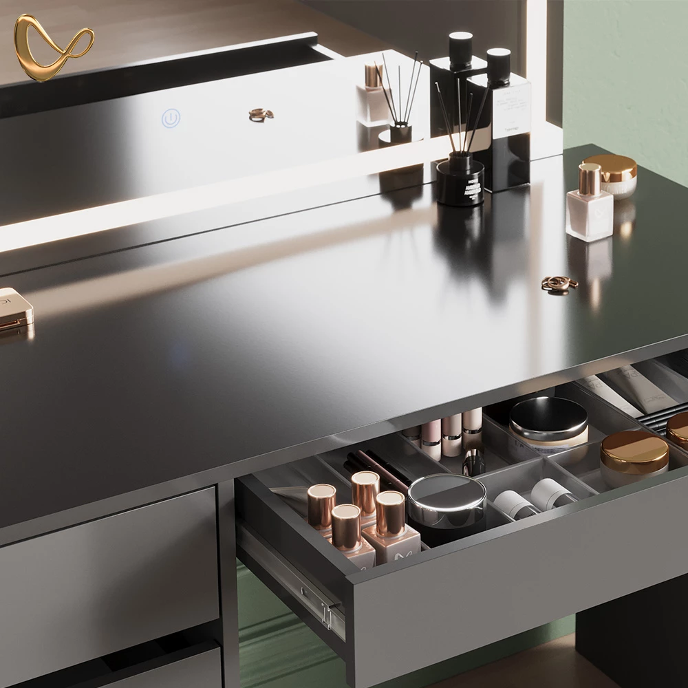 Nahaufnahme von Schminktisch in Anthrazit, zeigt Design- und Oberflächendetails
