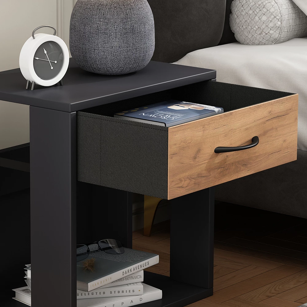 Nachttisch Evo 2er-Set Anthrazit/Goldkraft Eiche - Moderner Nachtschrank Mit Schublade