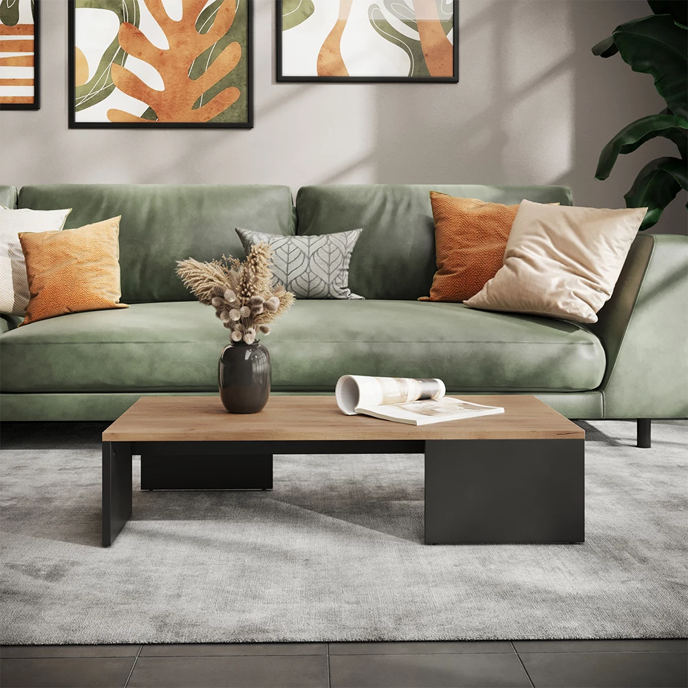 Sofabord i farven Antracit/gylden eg på hvid baggrund med dekorative elementer