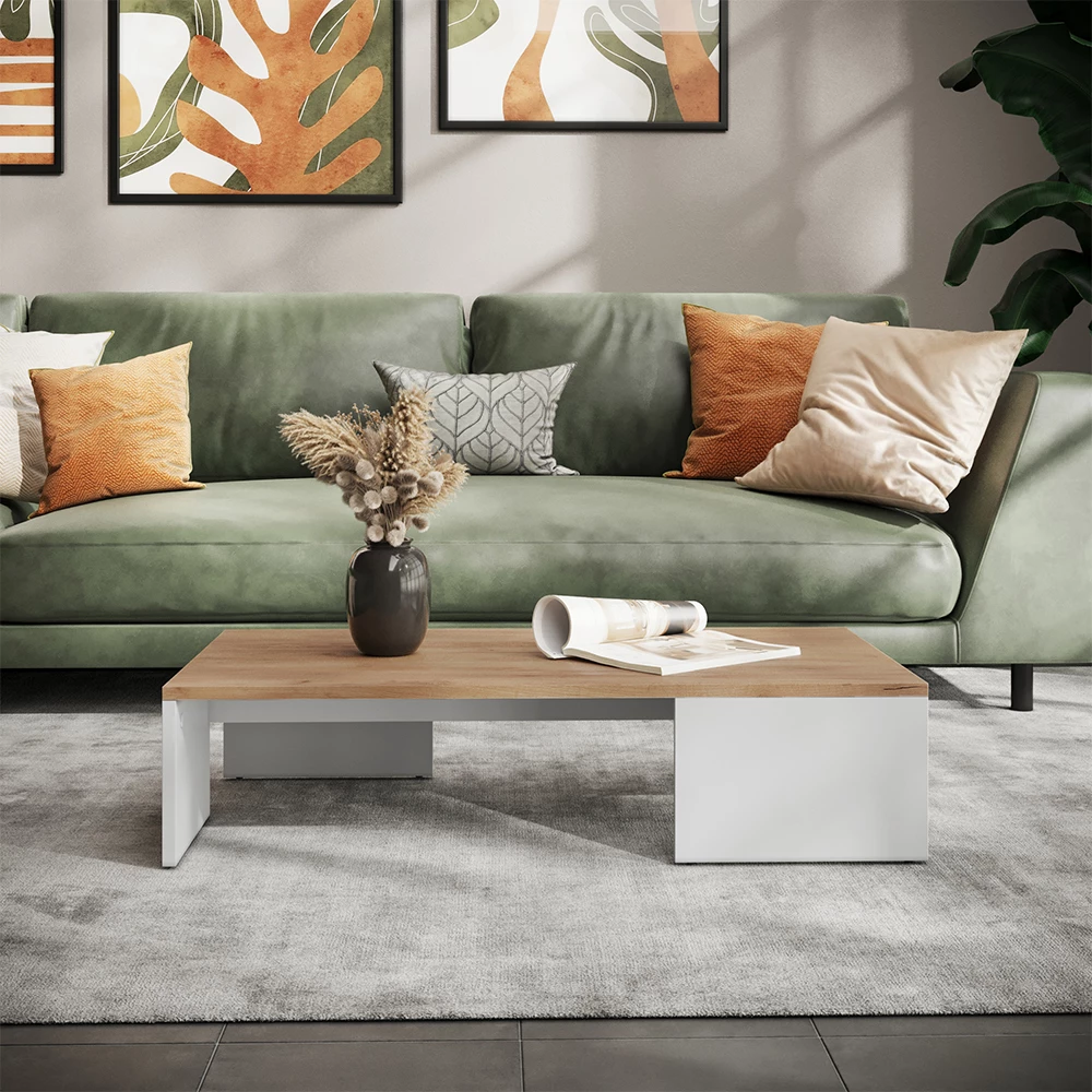 Sofabord i farven Hvid/gylden eg på hvid baggrund med dekorative elementer