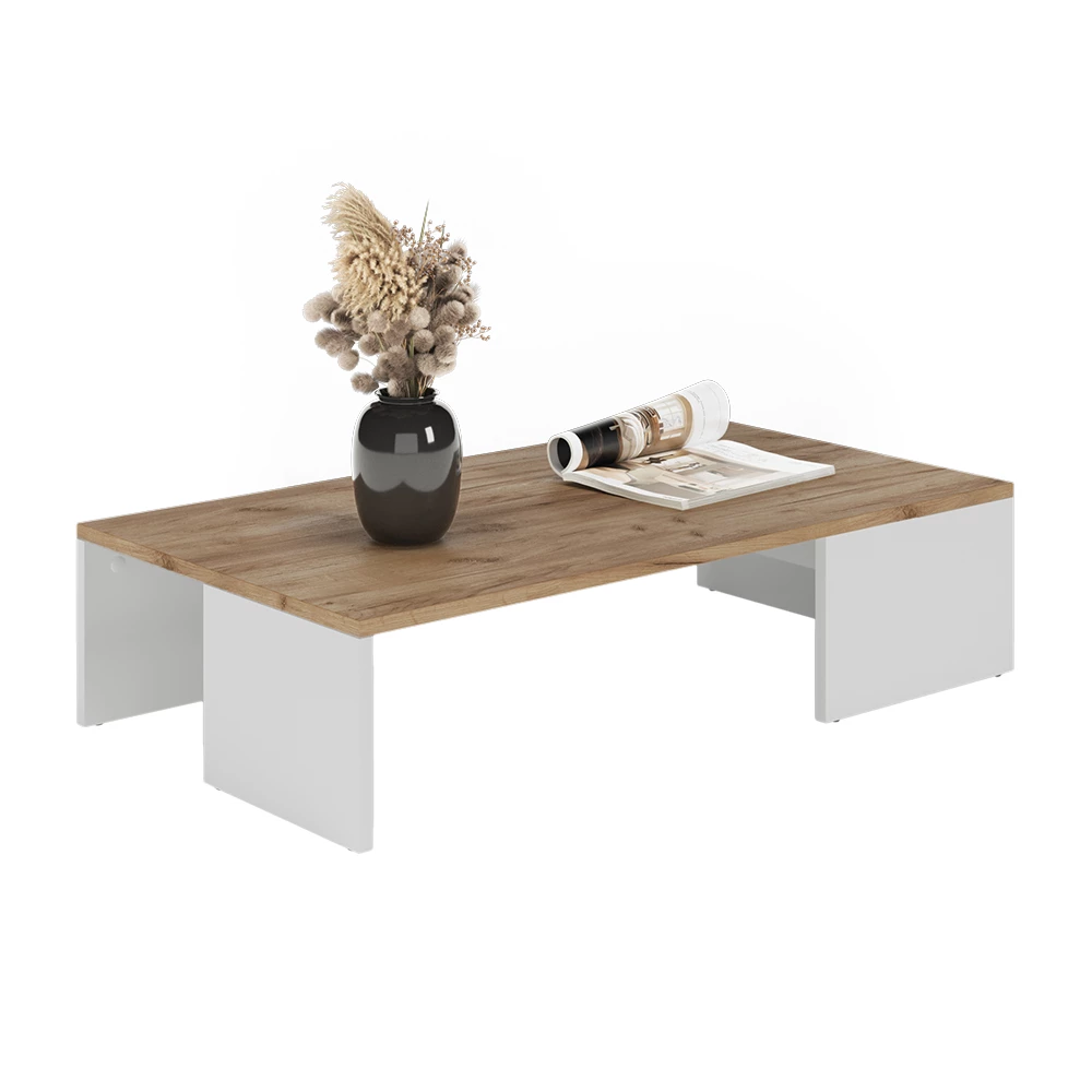 Salontafel in Eik wit/goud op een witte achtergrond met decoratieve elementen