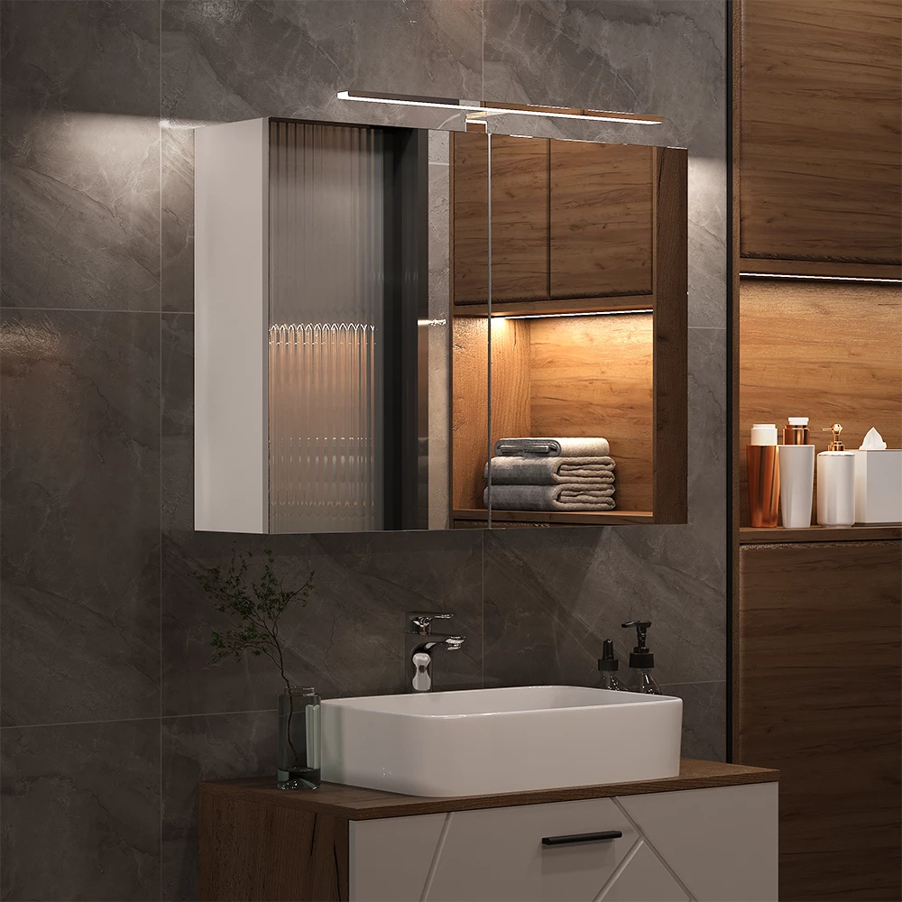 Vicco Badspiegelschrank Weiß 80 x 60 cm mit LED-Beleuchtung, Lavio