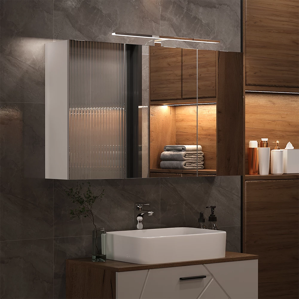 Vicco Badkamerspiegelkast Wit 100 x 60 cm met 3 deuren en LED-verlichting, Lavio