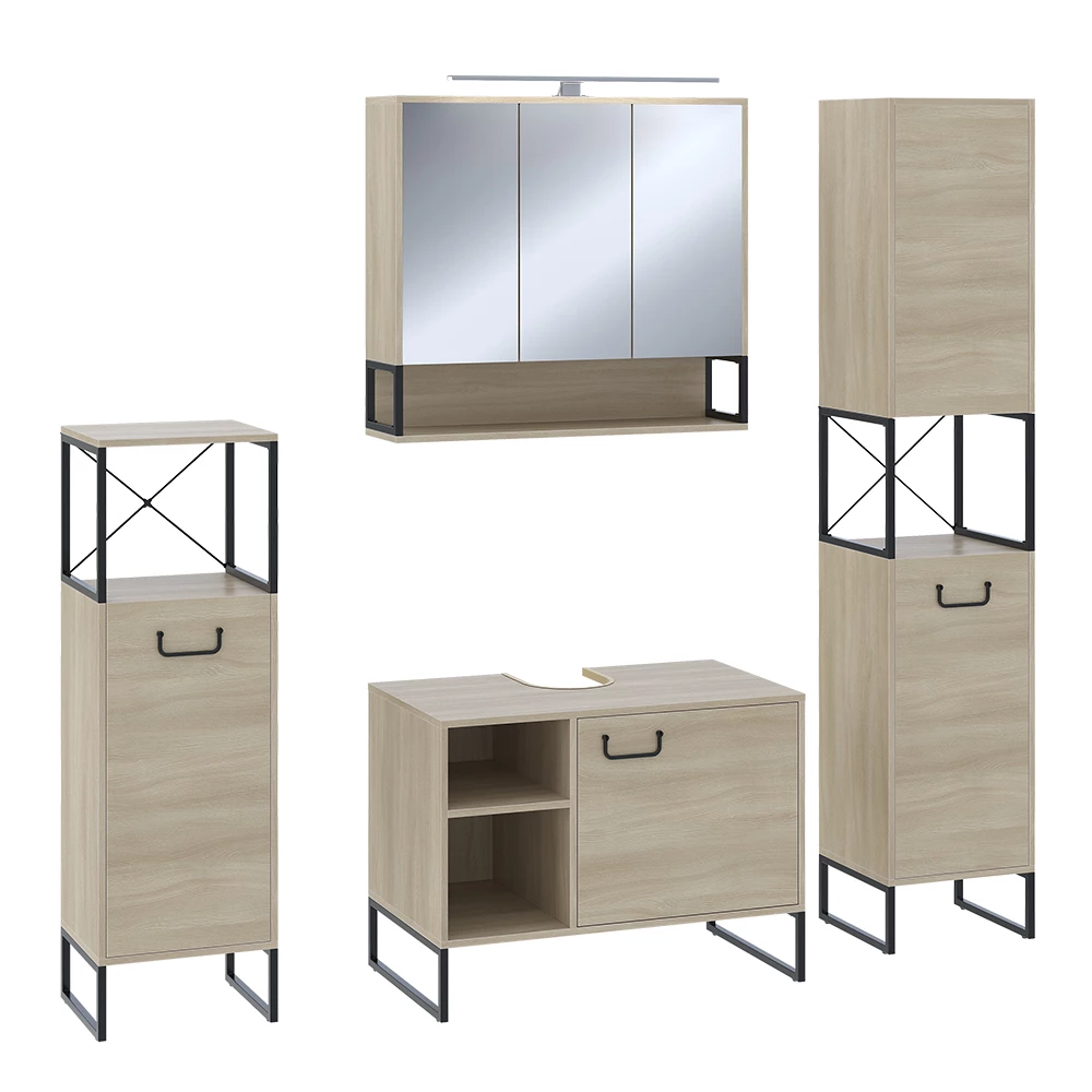 Vicco Badspiegelschrank Eiche/Schwarz 80 x 71.5 cm mit LED-Licht, Vionna