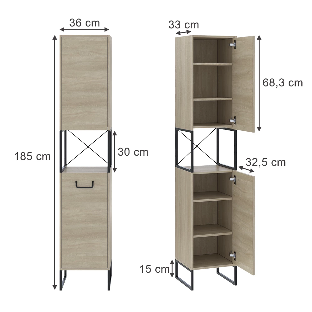 Vicco Badkamermeubel Eiken/zwart 36 x 185 cm met 2 deuren, Vionna