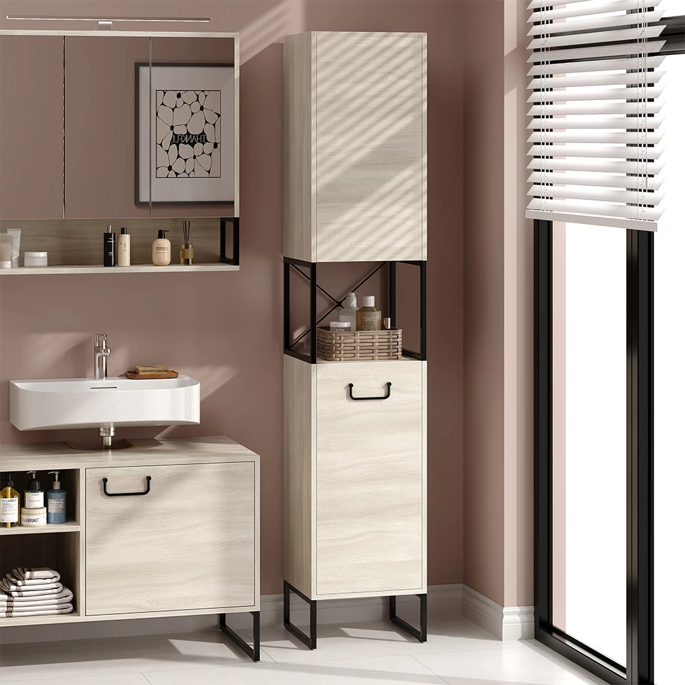 Mobiletto da bagno in Quercia/nero, mostrato in un ambiente ambientale con decorazioni