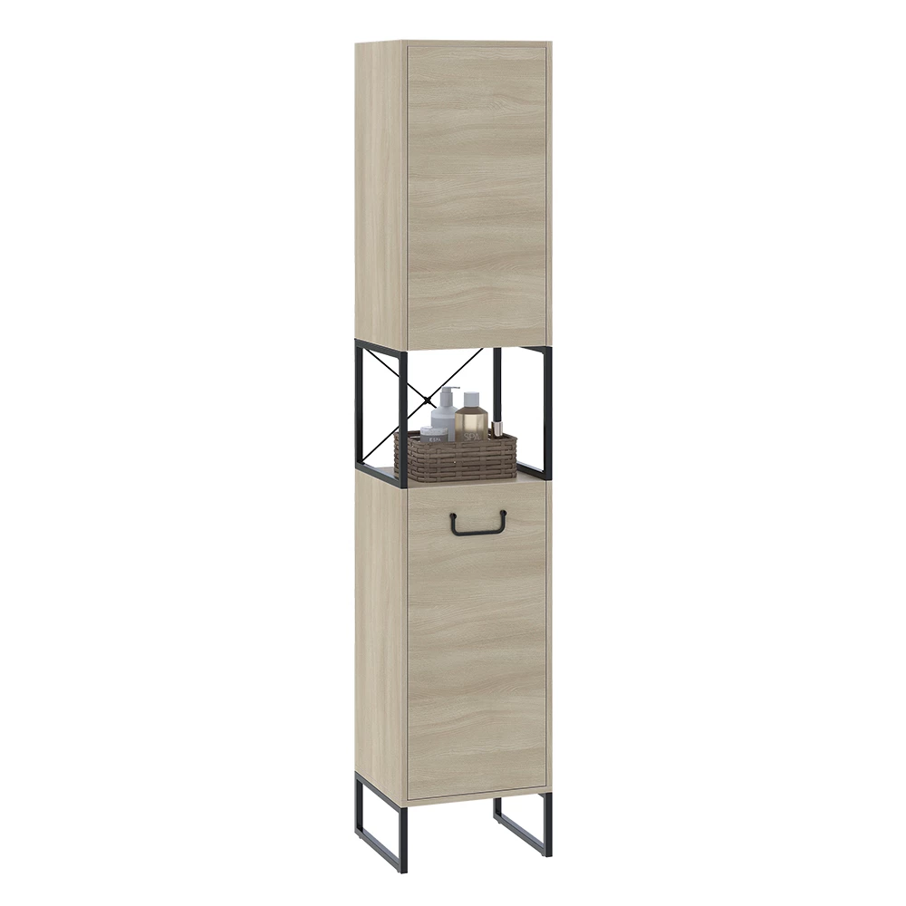 Mobiletto da bagno in Quercia/nero su sfondo bianco con elementi decorativi