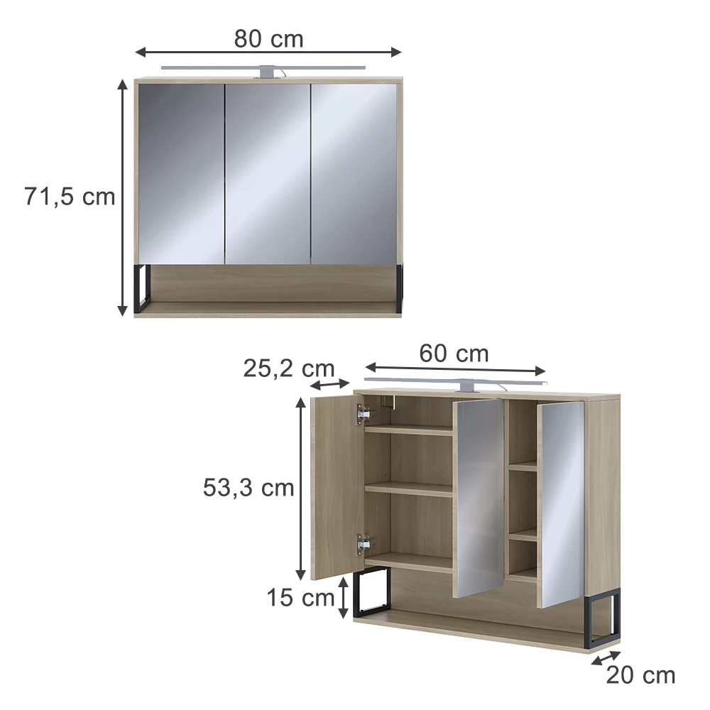 Vicco Badspiegelschrank Eiche/Schwarz 80 x 71.5 cm mit LED-Licht, Vionna
