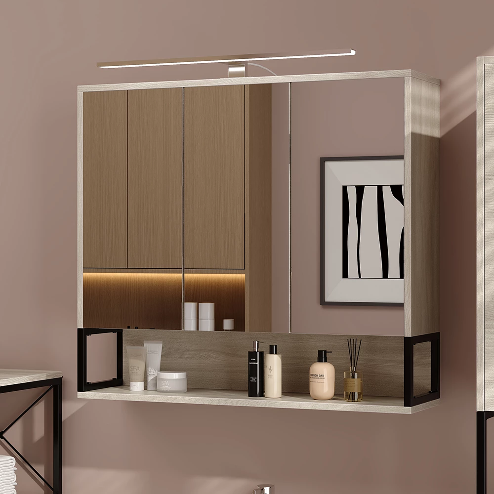 Vicco Badspiegelschrank Eiche/Schwarz 80 x 71.5 cm mit LED-Licht, Vionna