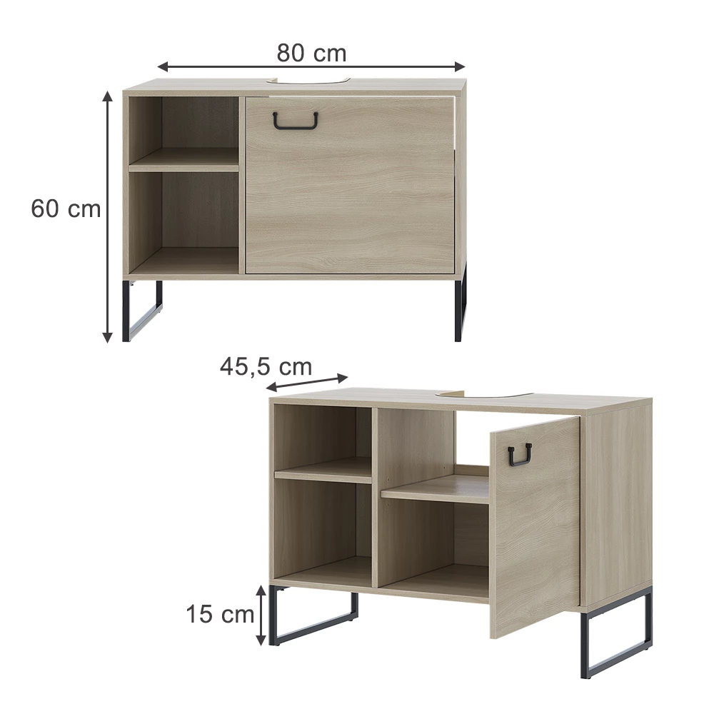 Vicco Wastafelonderkast Eiken/zwart 80 x 60 cm met 2 open vakken, Vionna